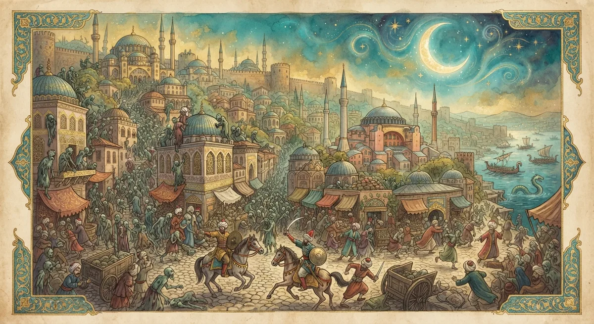 Rüyada Zombi İstilası Görmek — Osmanlı minyatürü tarzında altın ve turkuaz tonlu mistik illüstrasyon