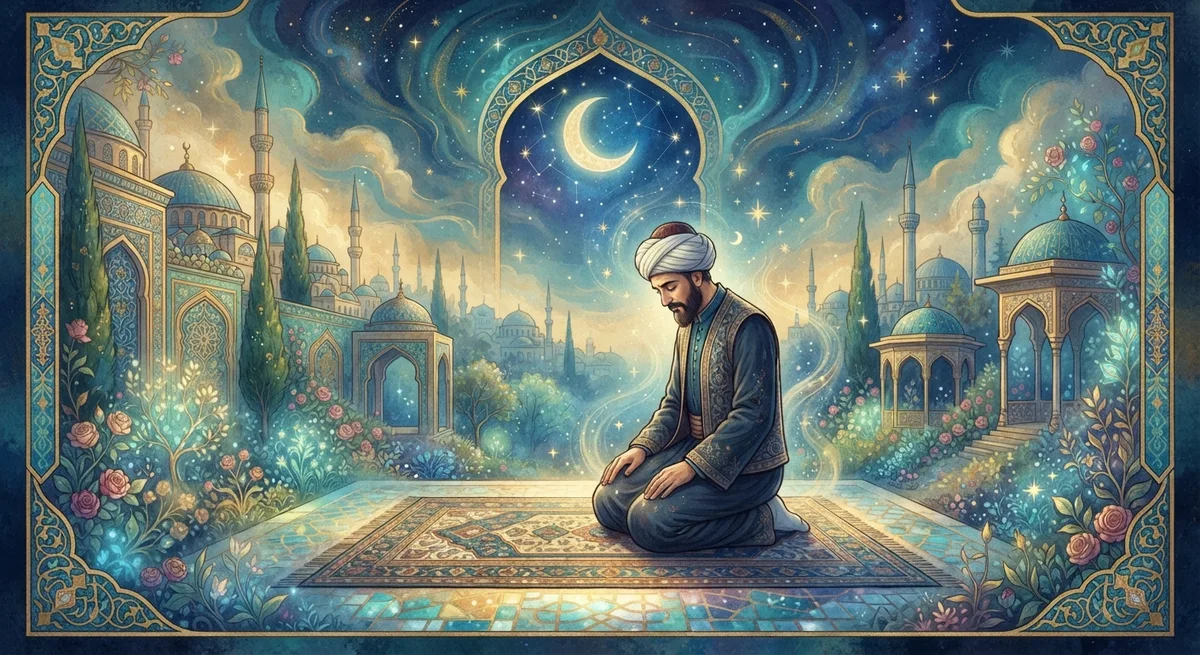 Rüyada Namaz Kılmak — Osmanlı minyatürü tarzında altın ve turkuaz tonlu mistik illüstrasyon
