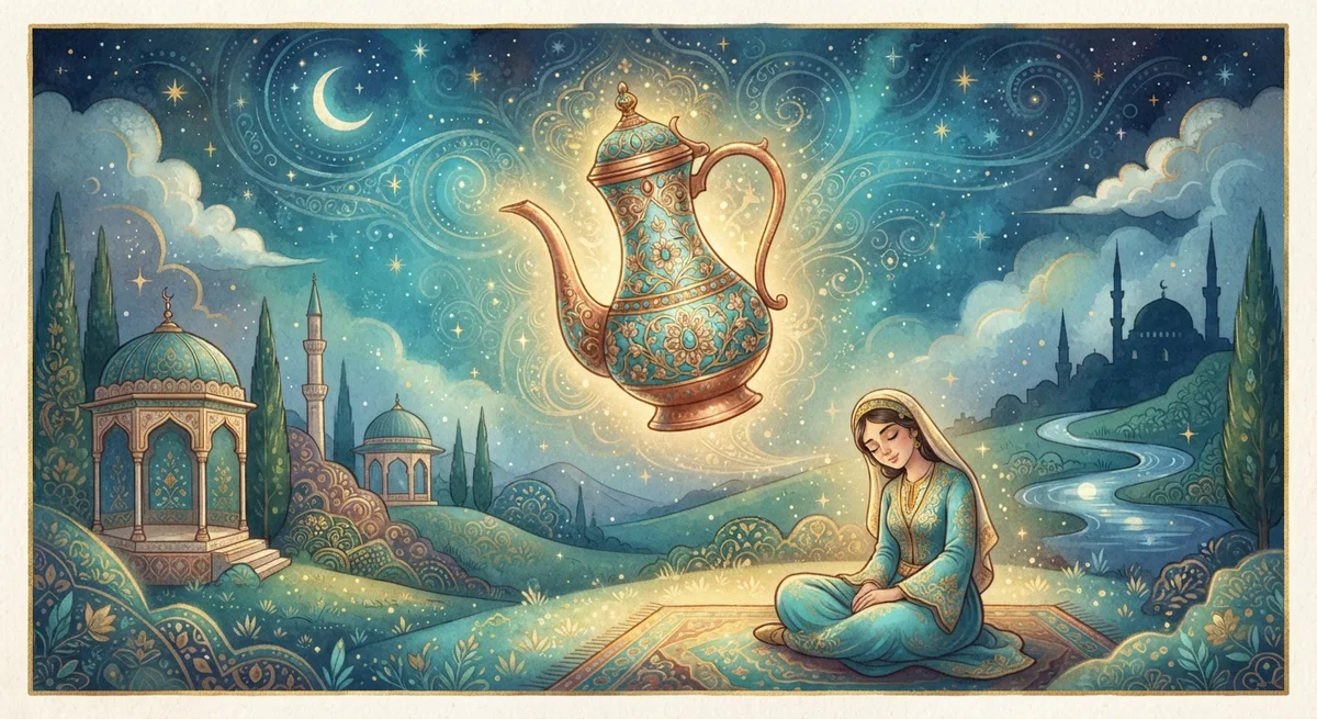 Rüyada İbrik Görmek — Osmanlı minyatürü tarzında altın ve turkuaz tonlu mistik illüstrasyon