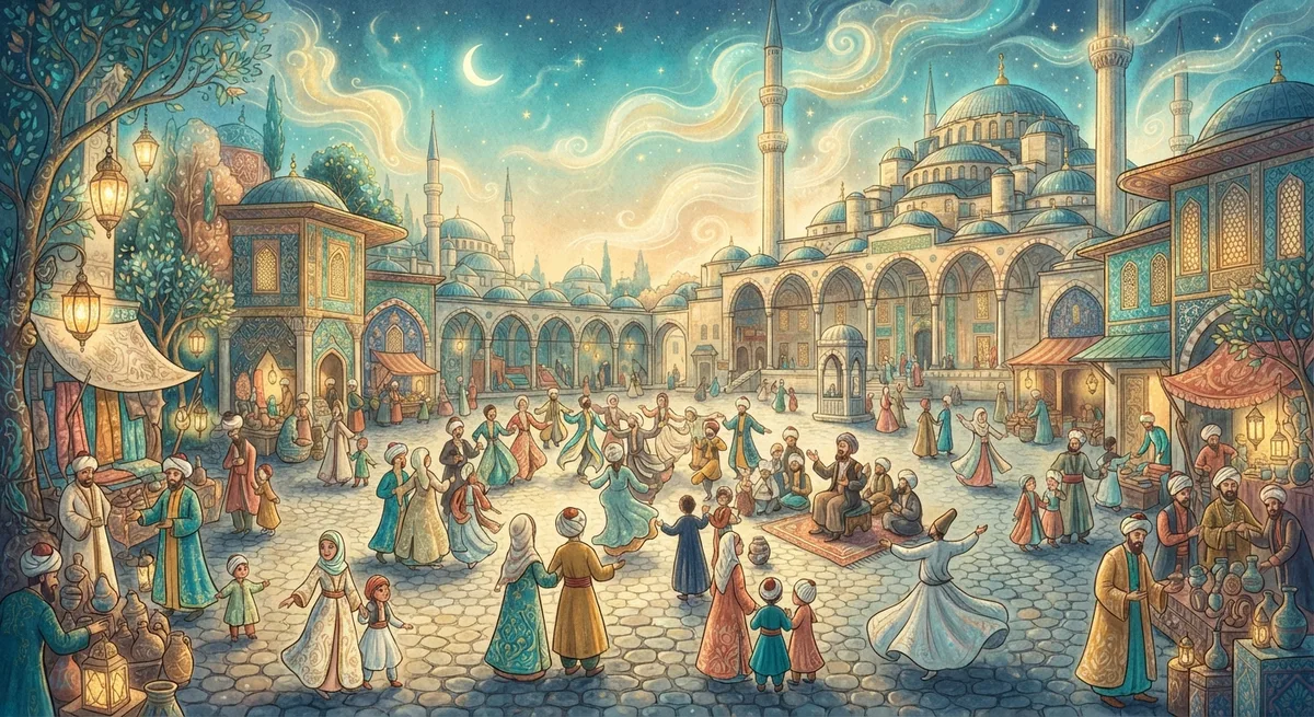 Rüyada Halk, İnsanlar Görmek — Osmanlı minyatürü tarzında altın ve turkuaz tonlu mistik illüstrasyon