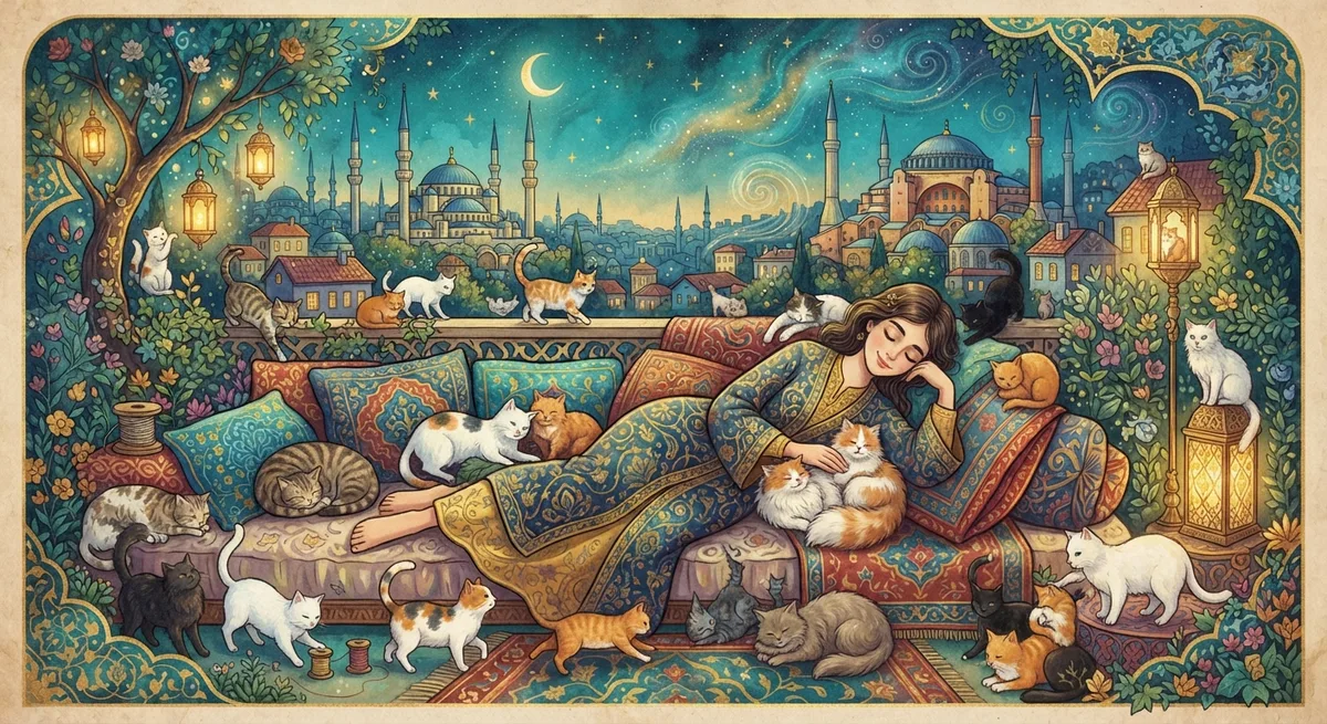 Rüyada Kedi Görmek — Osmanlı minyatürü tarzında altın ve turkuaz tonlu mistik illüstrasyon