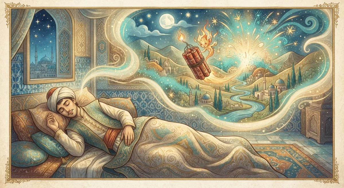 Rüyada Dinamit Görmek — Osmanlı minyatürü tarzında altın ve turkuaz tonlu mistik illüstrasyon