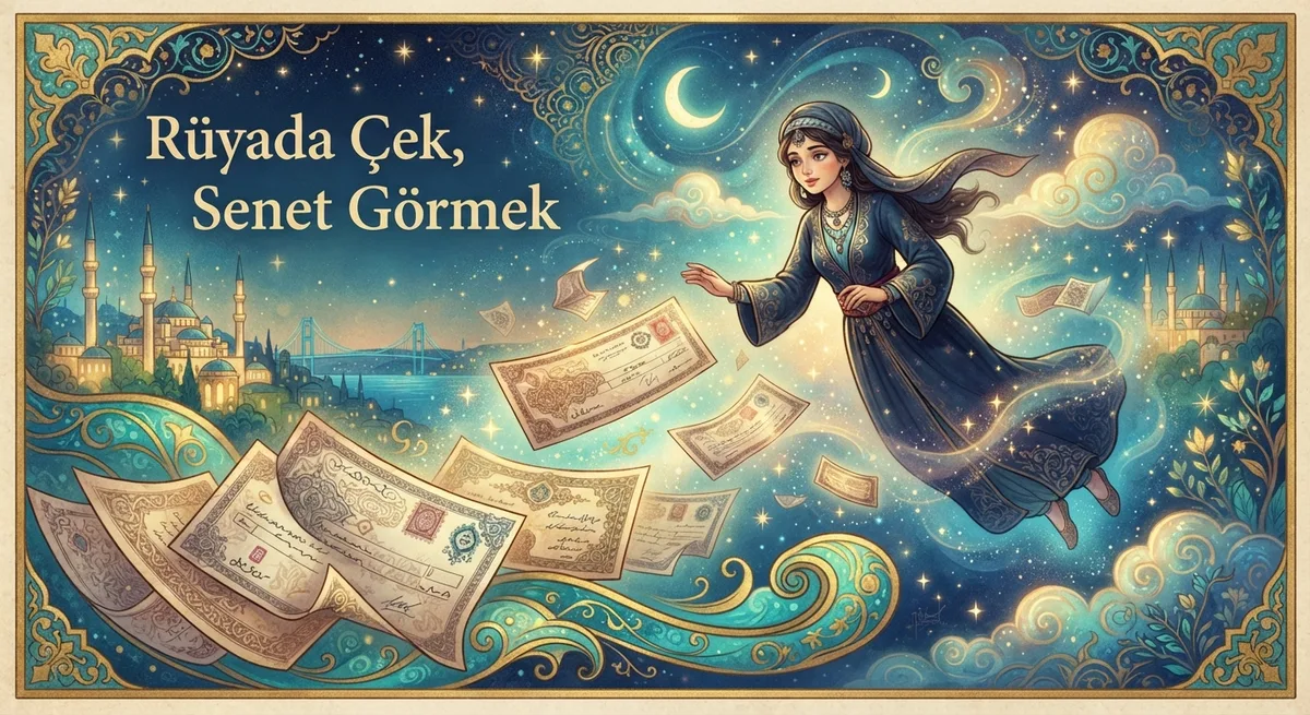 Rüyada Çek, Senet Görmek — Osmanlı minyatürü tarzında altın ve turkuaz tonlu mistik illüstrasyon