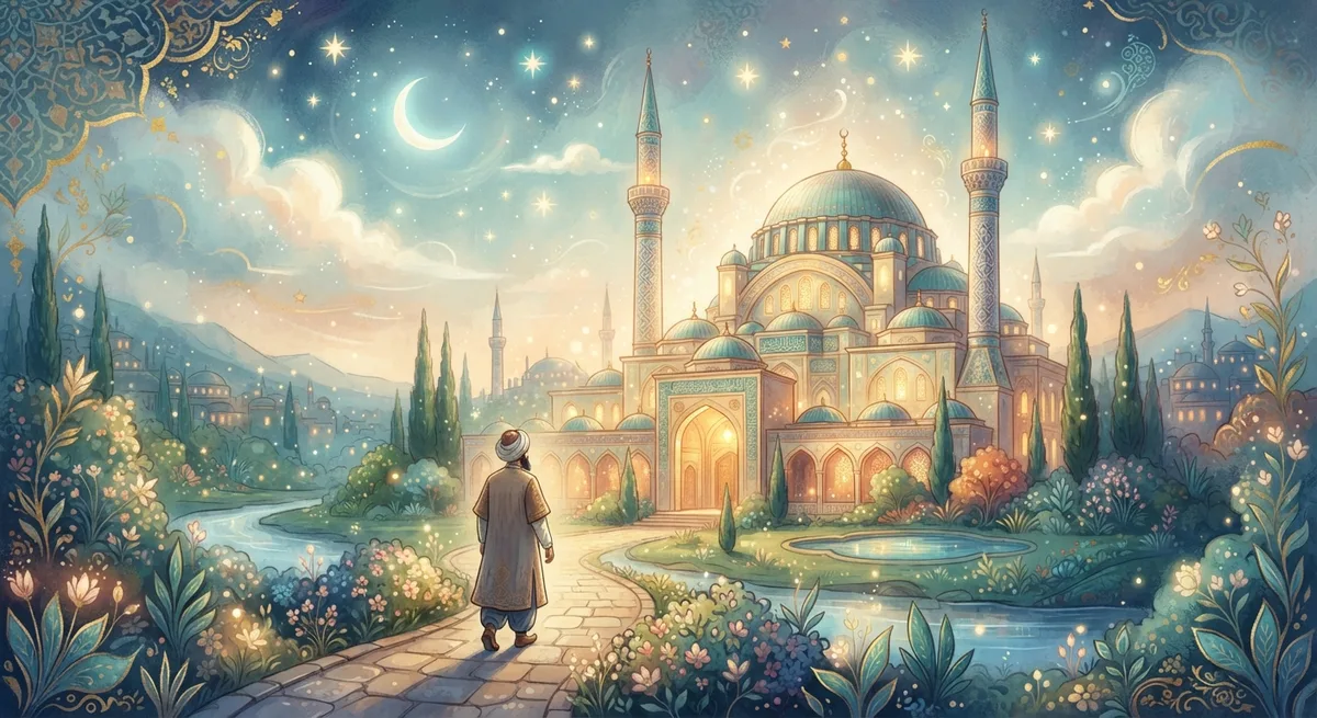 Rüyada Mescit, Cami Görmek — Osmanlı minyatürü tarzında altın ve turkuaz tonlu mistik illüstrasyon