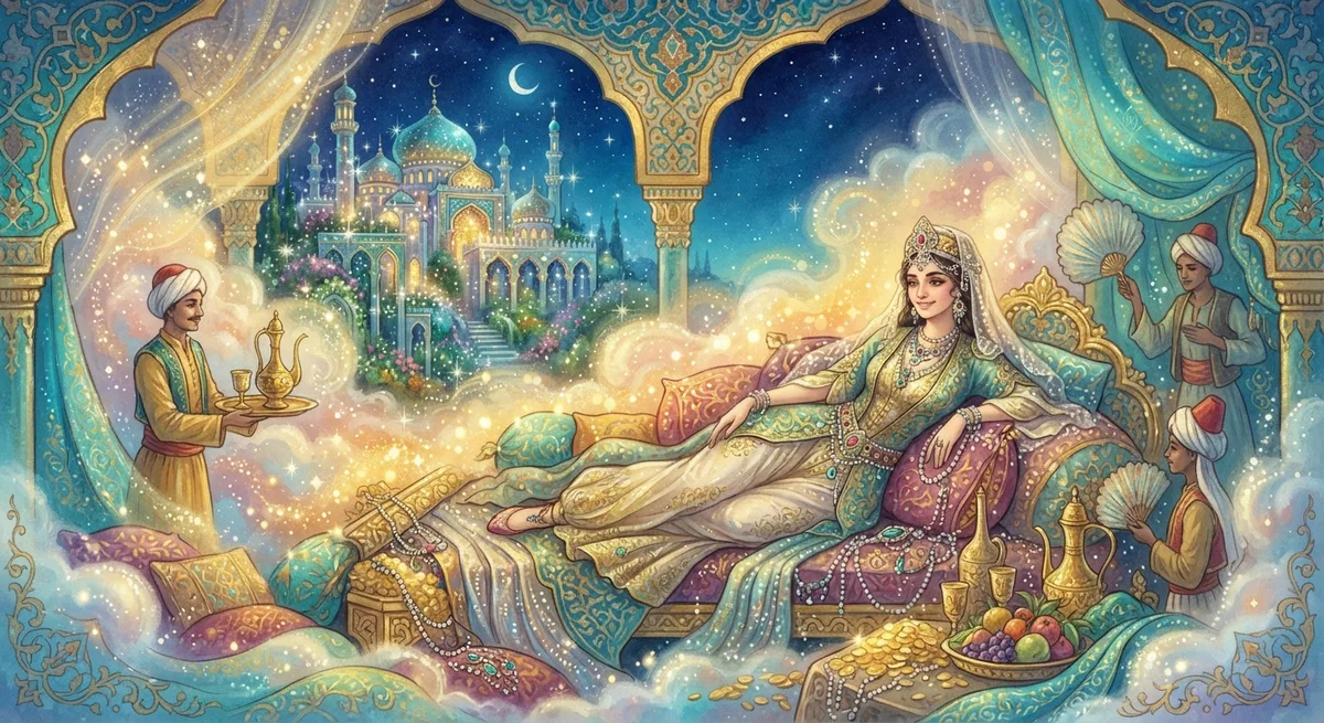Rüyada Lüks Yaşantı Görmek — Osmanlı minyatürü tarzında altın ve turkuaz tonlu mistik illüstrasyon
