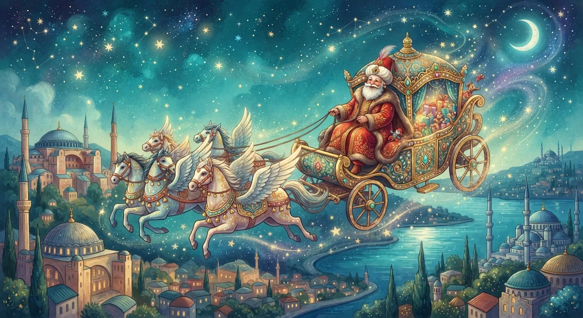 Rüyada Noel Baba Arabası Görmek — Osmanlı minyatürü tarzında altın ve turkuaz tonlu mistik illüstrasyon
