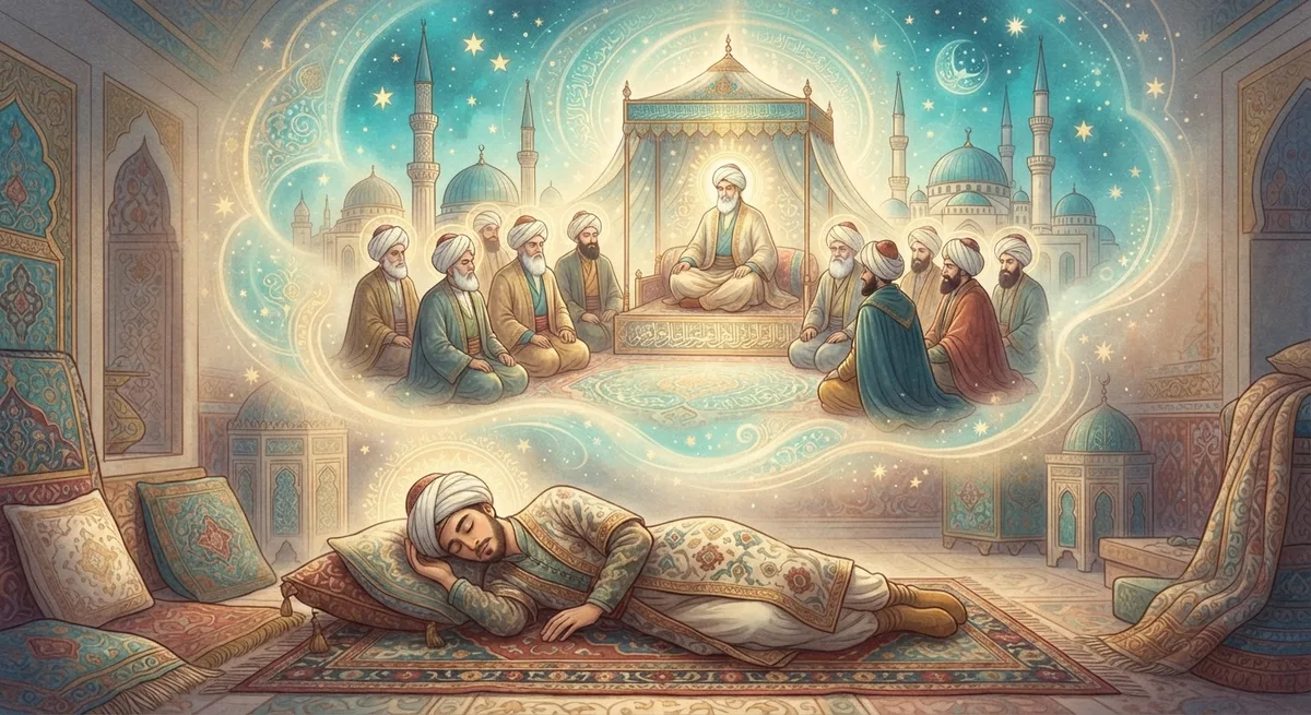 Rüyada Ashab-ı Kiram Görmek — Osmanlı minyatürü tarzında altın ve turkuaz tonlu mistik illüstrasyon