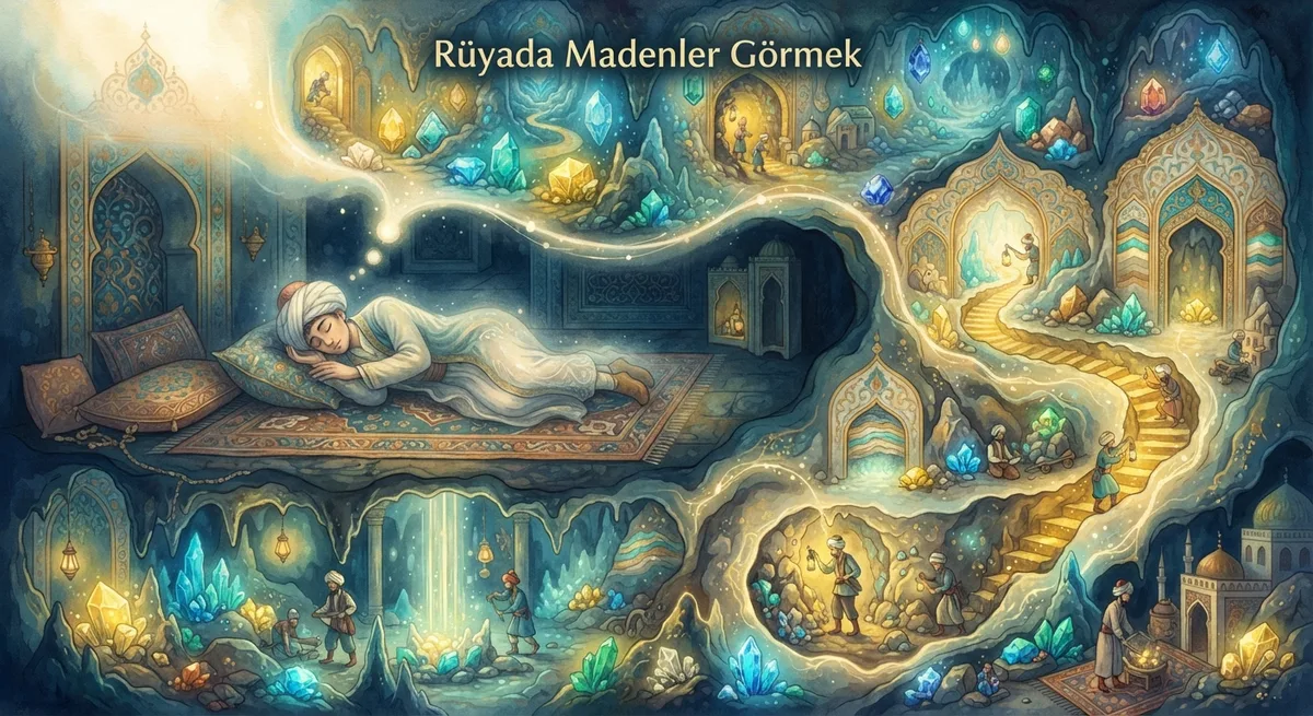 Rüyada Madenler Görmek — Osmanlı minyatürü tarzında altın ve turkuaz tonlu mistik illüstrasyon