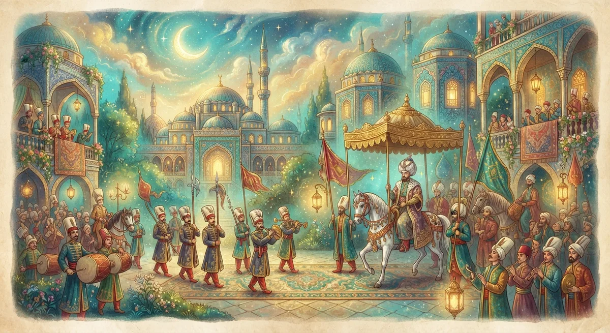 Rüyada Tören Görmek — Osmanlı minyatürü tarzında altın ve turkuaz tonlu mistik illüstrasyon
