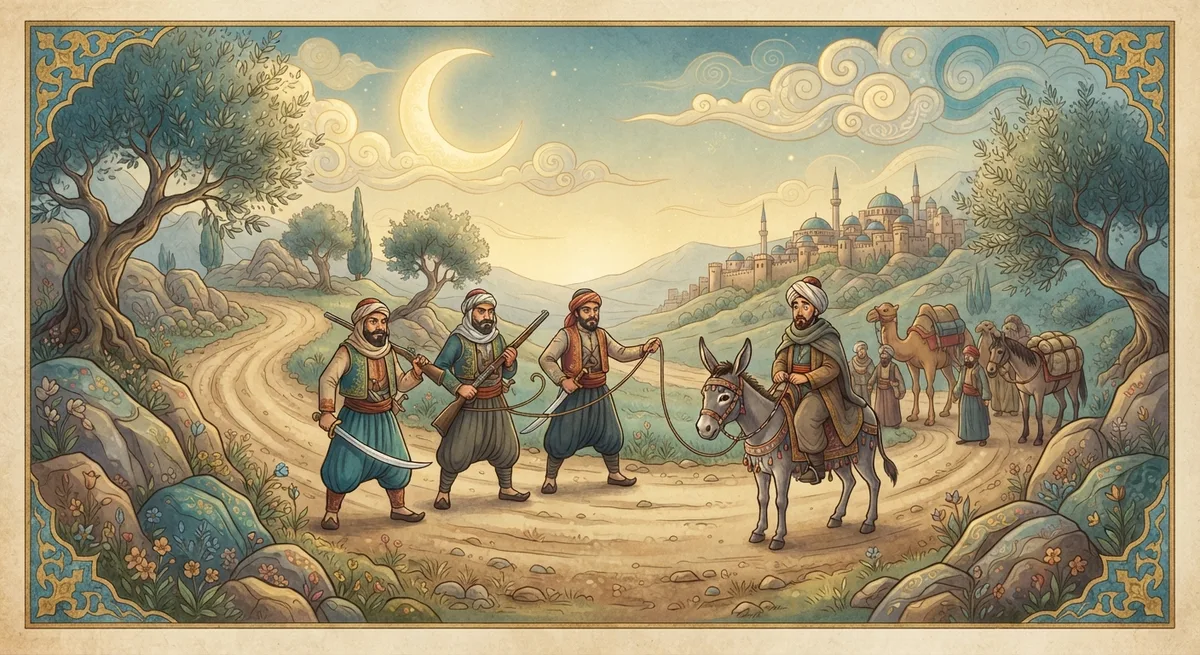 Rüyada Eşkıya, Yol Kesmek Görmek — Osmanlı minyatürü tarzında altın ve turkuaz tonlu mistik illüstrasyon