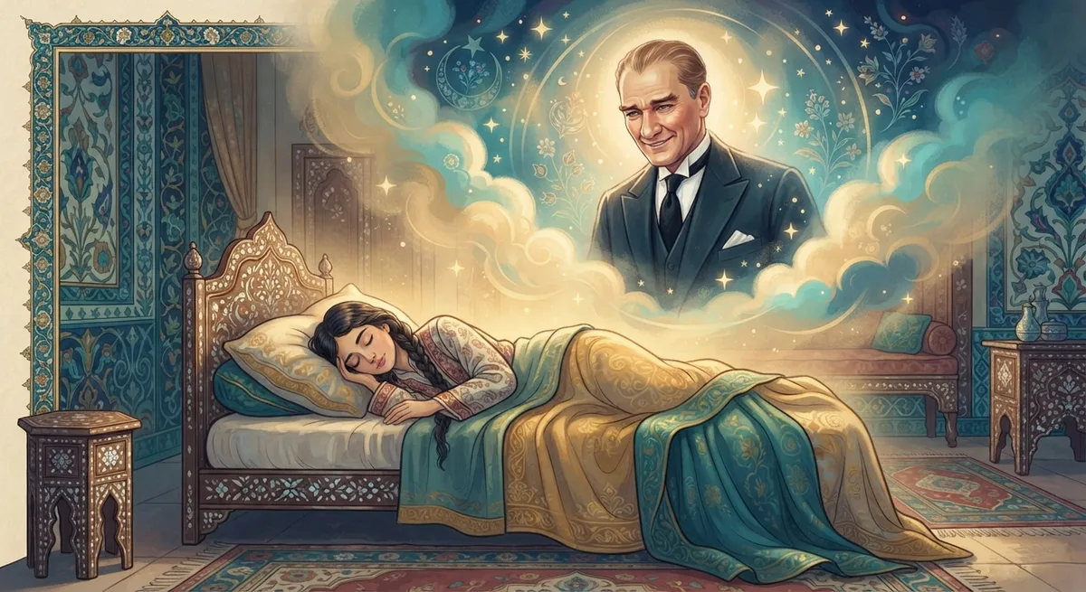 Rüyada Mustafa Kemal Atatürk'ü Görmek — Osmanlı minyatürü tarzında altın ve turkuaz tonlu mistik illüstrasyon