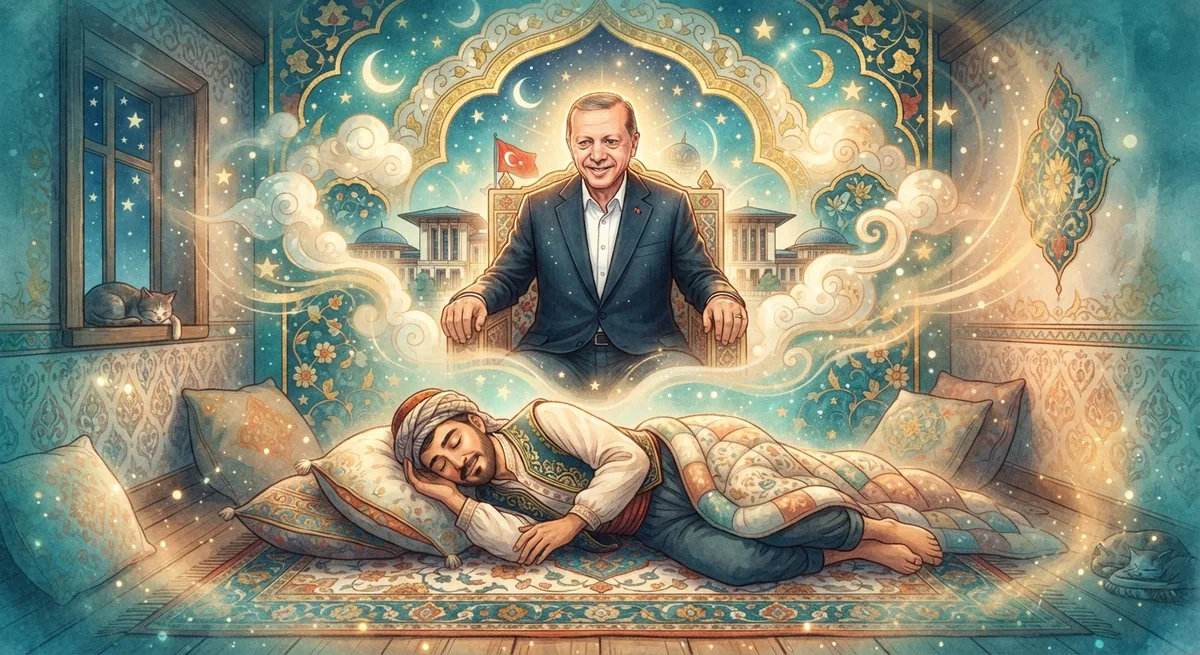 Rüyada Cumhurbaşkanını Görmek — Osmanlı minyatürü tarzında altın ve turkuaz tonlu mistik illüstrasyon