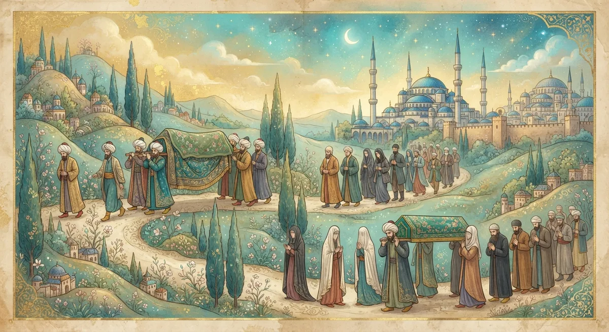 Rüyada Cenaze Merasimi Görmek — Osmanlı minyatürü tarzında altın ve turkuaz tonlu mistik illüstrasyon
