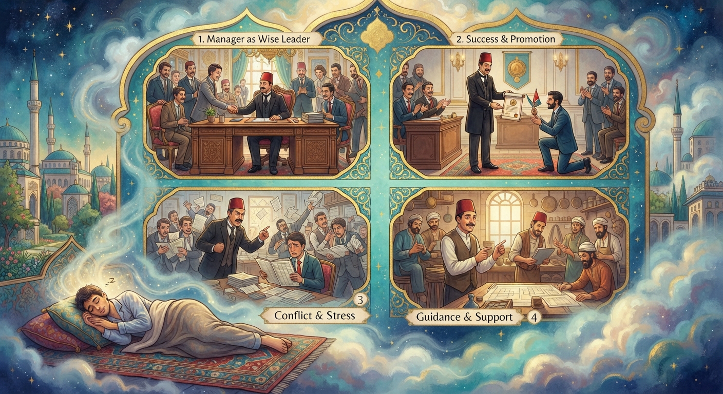 Rüyada Erkek Müdür Görmek — 4 Farklı Rüya Tabiri — Osmanlı minyatürü tarzında altın ve turkuaz tonlu mistik illüstrasyon